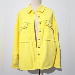 POL Yellow 100% Cotton Shacket Jacket Small Studded Fringe Button Up Oversized